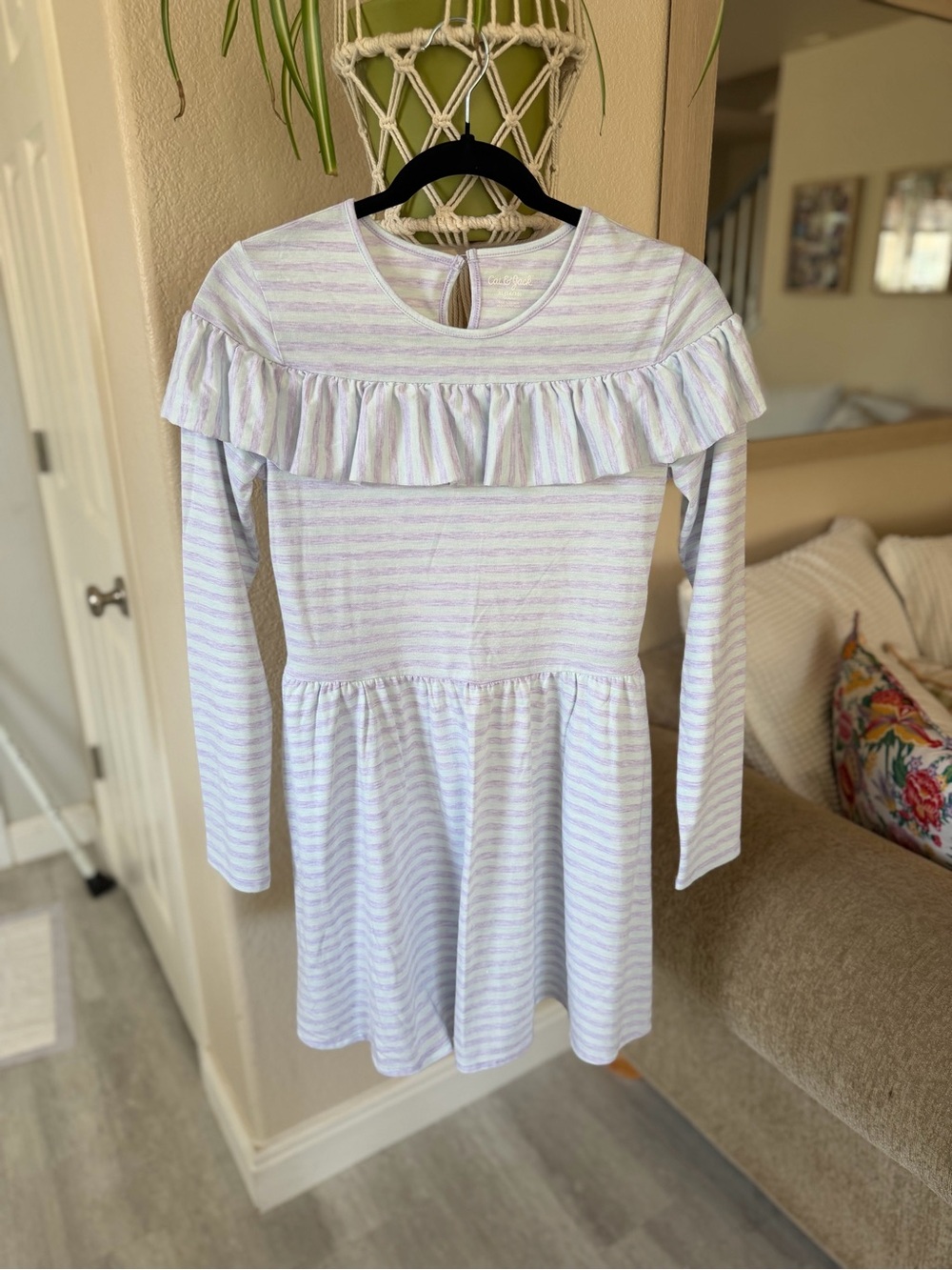 Girls Cat & Jack Lavender and White Striped Ruffle Long Sleeve Dress